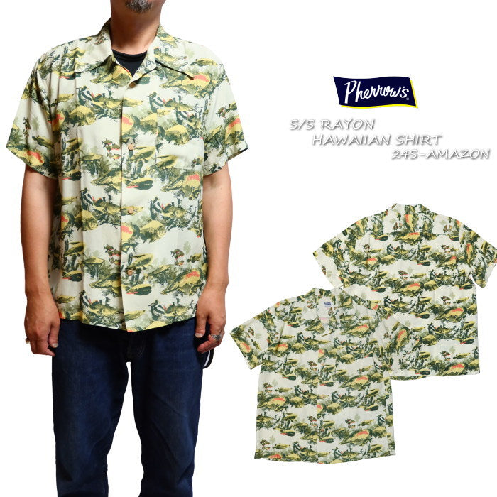 Pherrow's Hawaiian Shirt Rayon Aloha Shirt Men's Short Sleeve 24S-AMAZON Made in Japan