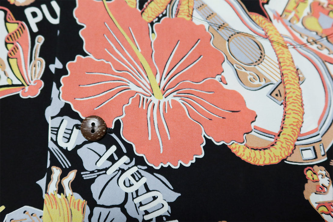 SUN SURF Hawaiian Shirt Aloha Shirt Rayon LOVELY HULA HANDS Short Sleeve SS39213 Black Made in Japan