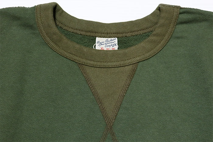 BuzzRickson's sweatshirt, made in Japan, set in crew, 21st BOMB.SQ., front V gusset, BR69452, olive