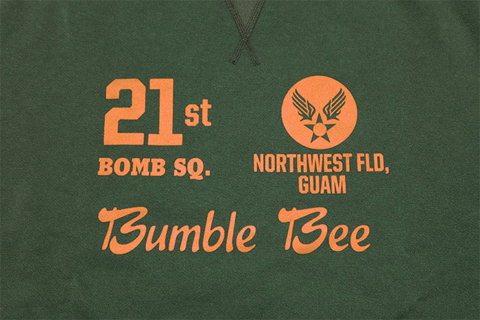 BuzzRickson's sweatshirt, made in Japan, set in crew, 21st BOMB.SQ., front V gusset, BR69452, olive