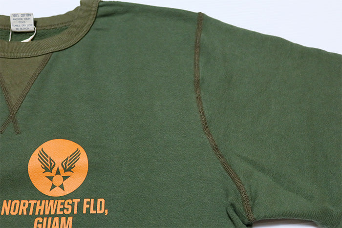 BuzzRickson's sweatshirt, made in Japan, set in crew, 21st BOMB.SQ., front V gusset, BR69452, olive