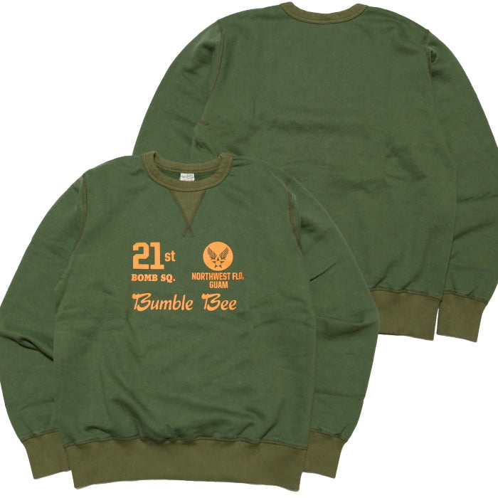 BuzzRickson's sweatshirt, made in Japan, set in crew, 21st BOMB.SQ., front V gusset, BR69452, olive