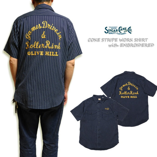 SUGAR CANE シュガーケーン コークストライプワークシャツ 刺繍 半袖 SC39305 日本製