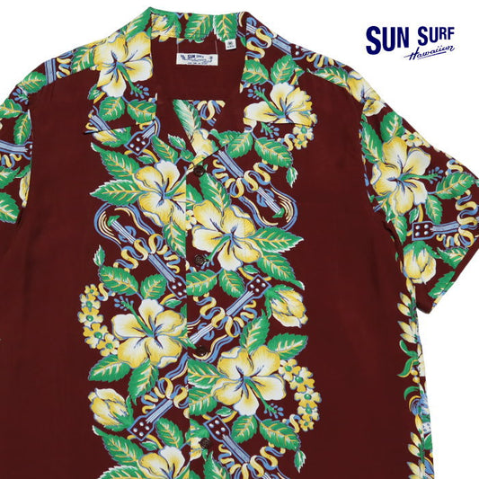 SUN SURF Aloha Shirt Rayon BLESSING GIFT FROM HAWAII Short Sleeve Hawaiian Shirt SS39212 Made in Japan Brown