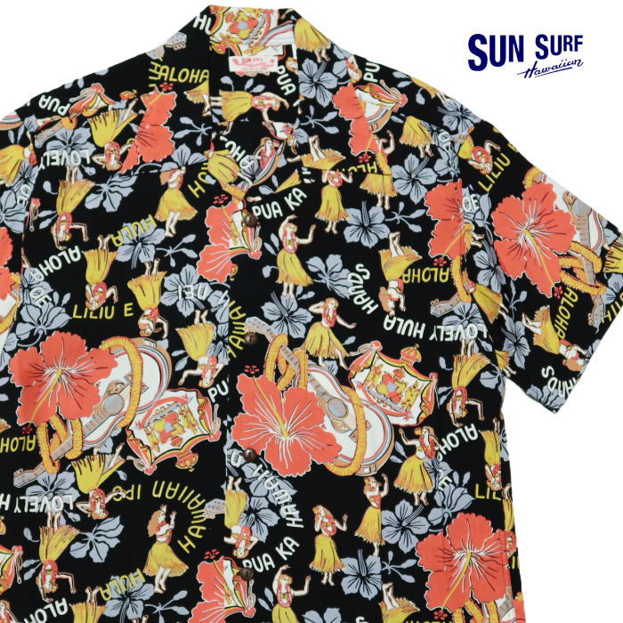SUN SURF Hawaiian Shirt Aloha Shirt Rayon LOVELY HULA HANDS Short Sleeve SS39213 Black Made in Japan