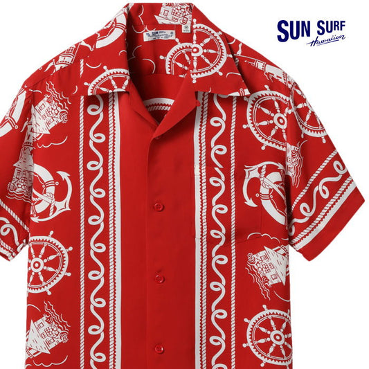 SUN SURF Hawaiian Shirt Aloha Shirt Rayon ALL ABOARD Short Sleeve SS39230 Red Made in Japan