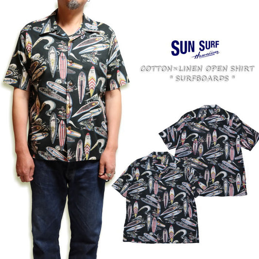 SUN SURF Cotton Linen Open Shirt SURFBOARDS Short Sleeve Aloha Shirt Made in Japan SS39284 Black